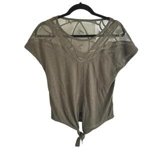 Women's Olive Green Crop Top Tie-Front with Lace Mesh Detailing - Small